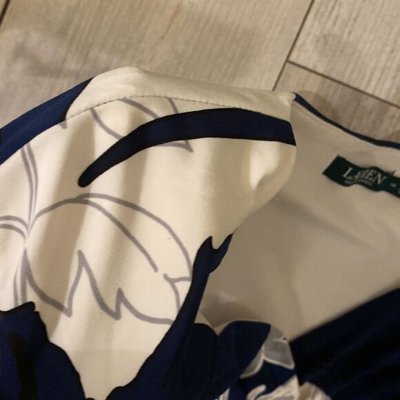 Navy Blue and Cream Ralph Lauren Size 14 Lined Polyester & Spandex Floral Dress - Picture 9 of 12